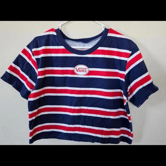VANS Women's Striped Cropped Tee - Red, Navy & White Size Medium - Picture 1 of 7
